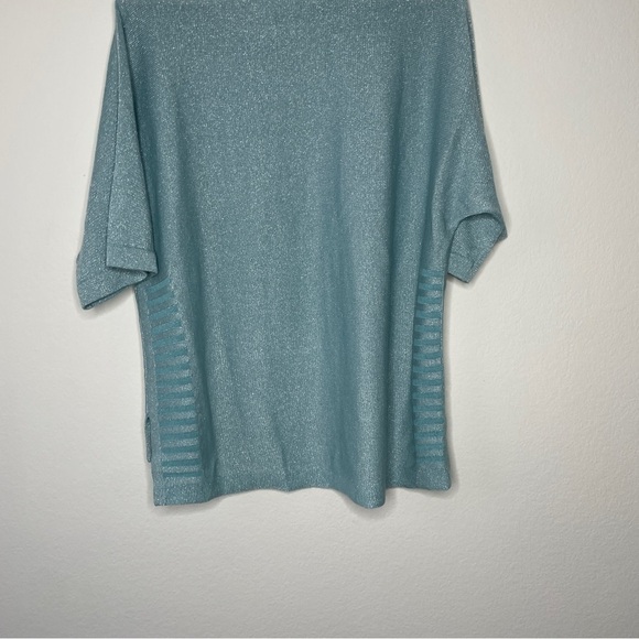 Chico’s Blue Metallic Silver Short Sleeve Knit Blouse - Picture 3 of 5